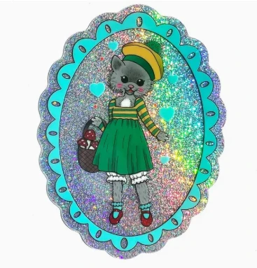 Kitty Cat Gathering Mushrooms Glitter Sticker