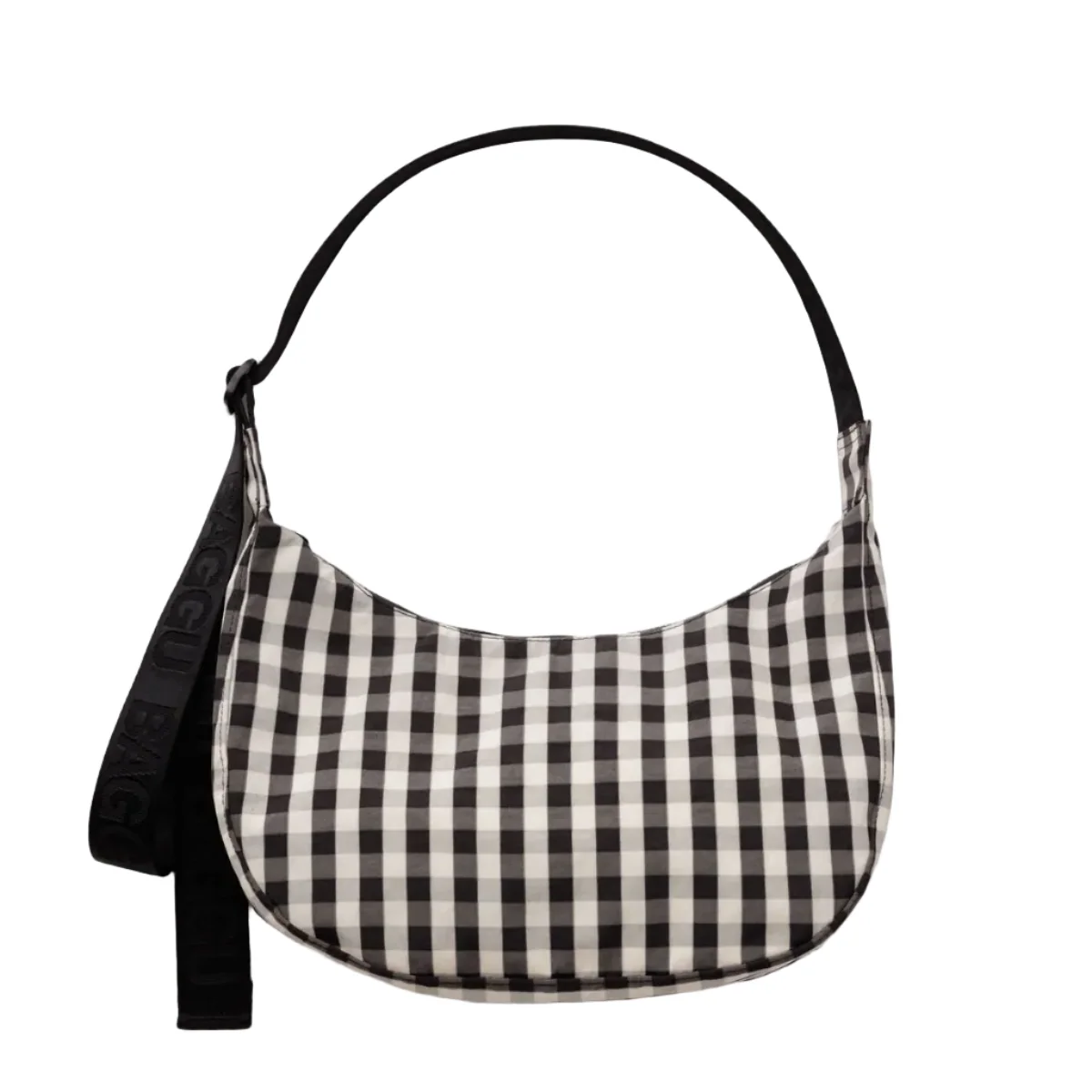 Medium Nylon Crescent Bag - Black and Cream Gingham