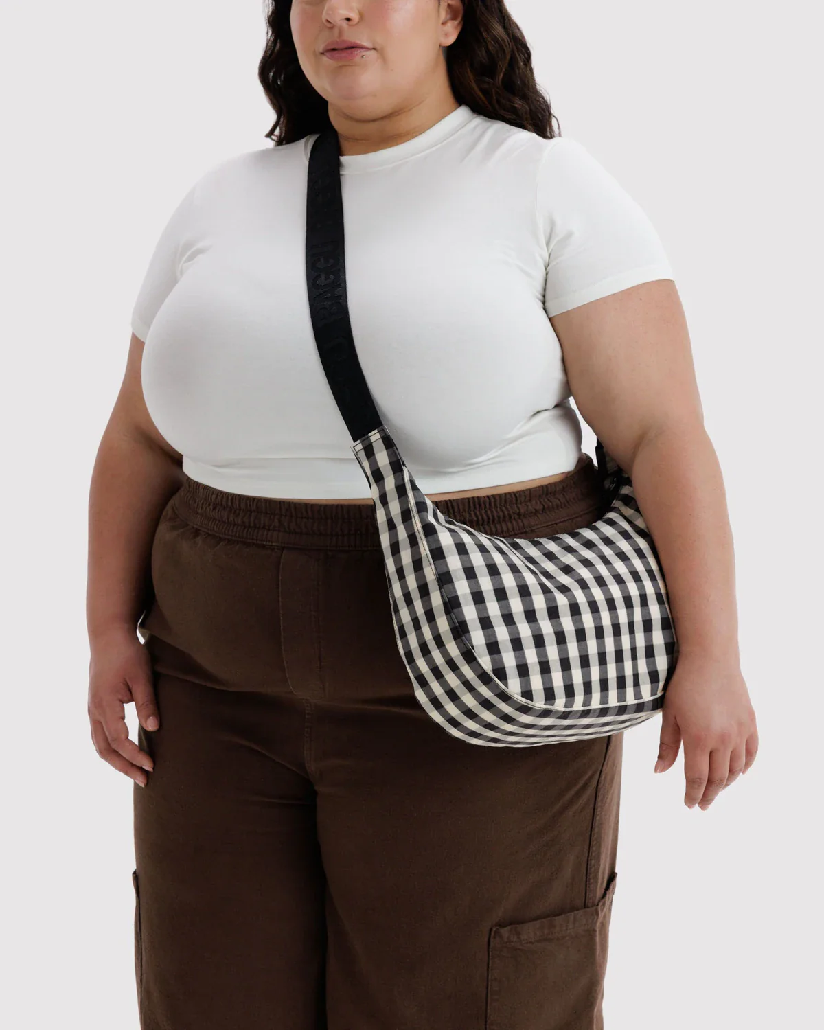 Medium Nylon Crescent Bag - Black and Cream Gingham - Image 2