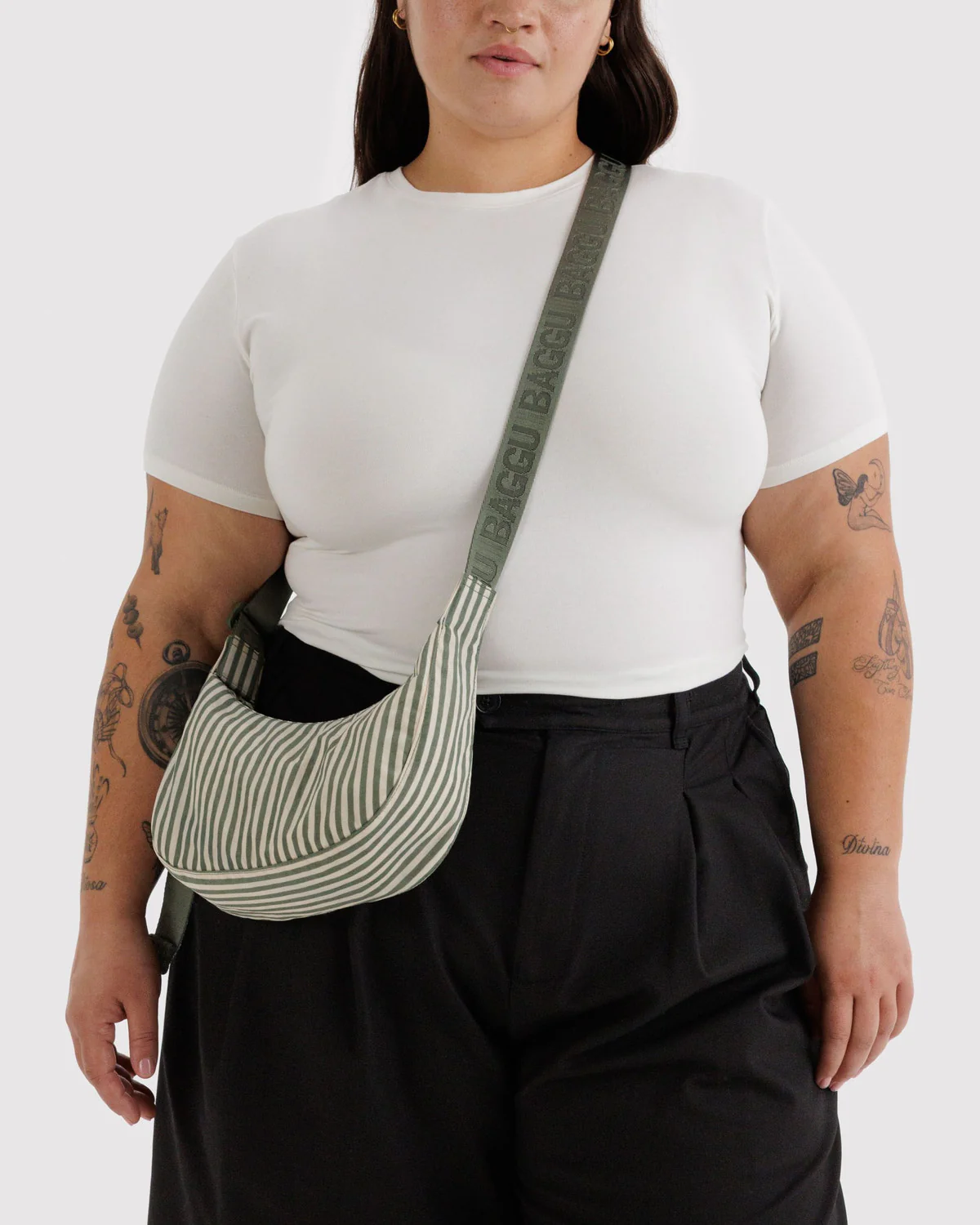 Small Nylon Crescent Bag - Sage Stripe - Image 2